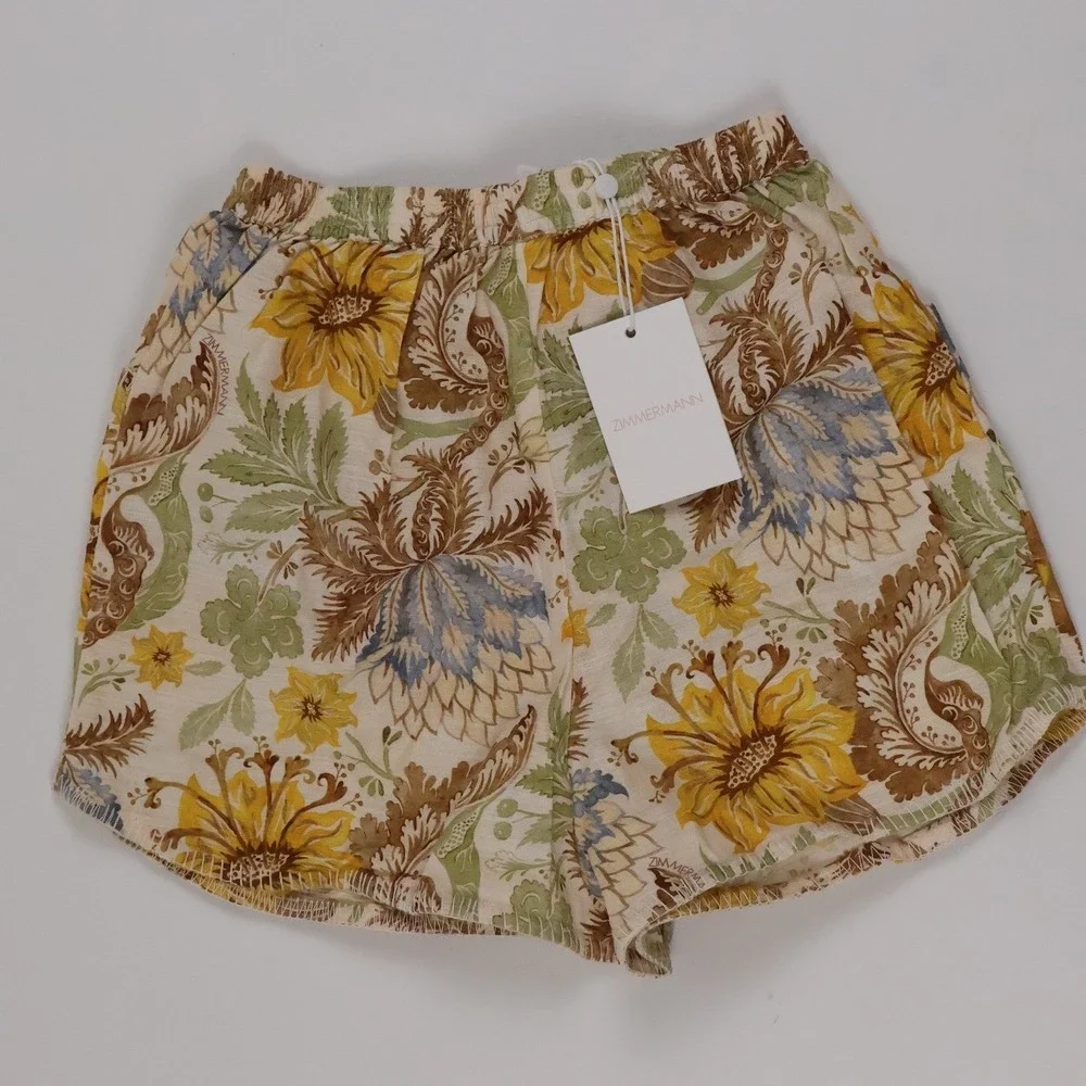 Zimmermann Kids Daylight Short Stamp Floral Cream 10 Linen NWT MSRP 140
